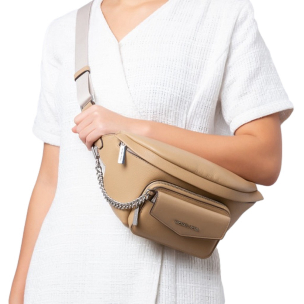 MICHAEL KORS Maisie 2-in-1 Sling Pack Waist Pack Pebbled Leather Camel, NWT - Picture 4 of 12